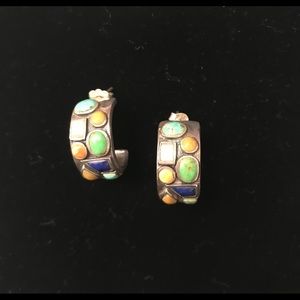 SIlver Turquoise, Lapis,Moonstone & Coral hoops